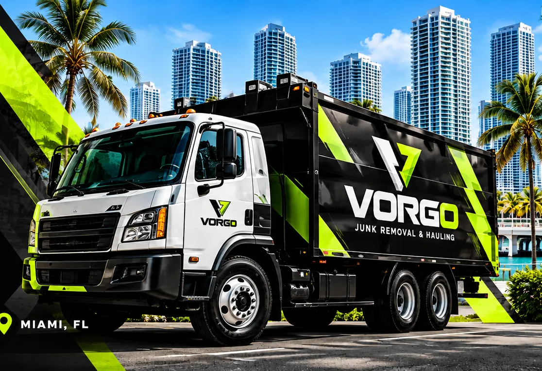 VORGO junk removal truck with lime and black wrap parked in front of the Miami skyline